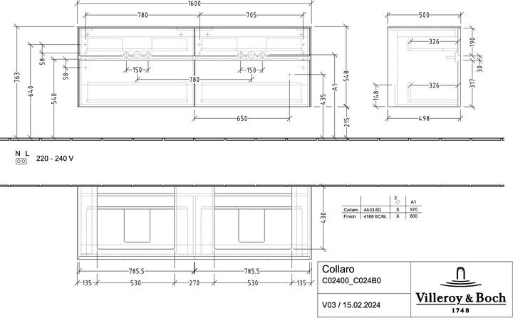 Actual product image Villeroy & Boch Collaro washbasin cabinet 1600x548x500 mm, 4 drawers, for 2 washbasins, C02400