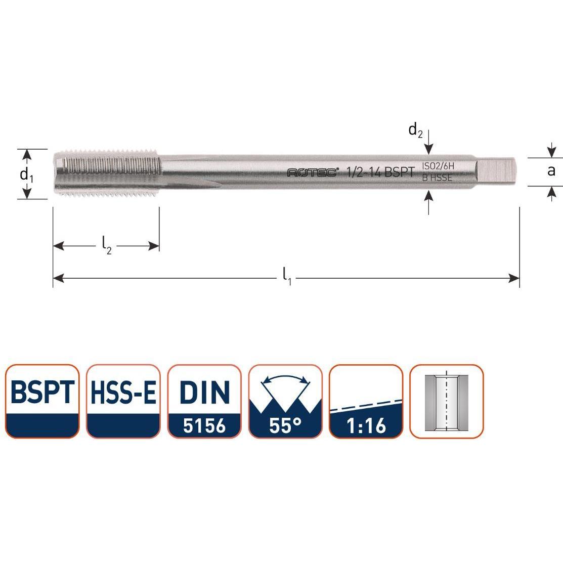 Rotec, Maschi + Giramaschi, 342.0004 HSSE 800 M.Gewindebohrer BSPT 1/4-19