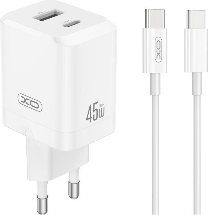 xO wall charger CE36 PD 45W 1x USB-C 1x USB white + cable USB-C - USB-C (45 W, 2 Ports)