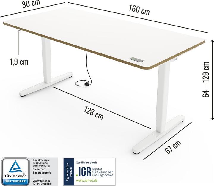 Image du produit Yaasa Desk Pro - bureau réglable en hauteur (160 x 80 x 129 cm)