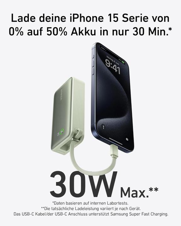 Produktbild Anker Anker-Nano powerbank-10.000 mAh powerbank green met ingebouwde USB-C-kabel -PD 30 W (10000 mAh, 30 W)