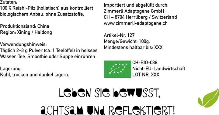 Produktbild Zimmerli Adaptogene Reishi Pulver (BIO) (1 Stück, Pulver, 100 g)