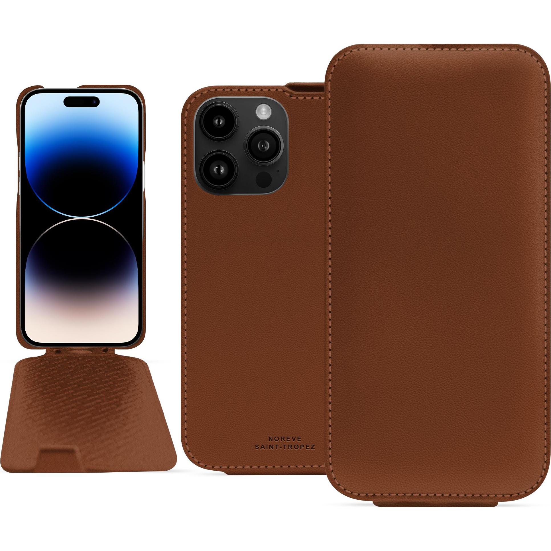 Noreve Lederschutzhülle vertikal (Apple iPhone 15 Pro Max), Smartphone Hülle, Braun
