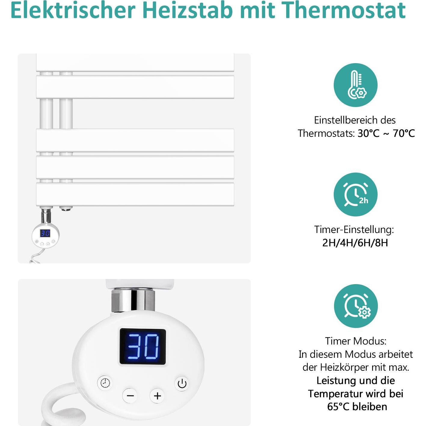 Thumbnail - Emke Elektrischer Handtuchwärmer mit Heizstab und Timer, Weiss 1041x400mm 400W, Heizkörper, Weiss