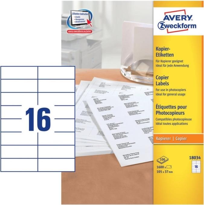 Produktbild Avery Kopieretiketten - Permanent klaebemiddel - hvid - 37 x 105 mm 1600 etikette(r) (100 ark x 16) a