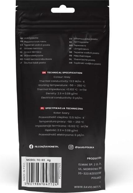 Produktbild Savio Heat conductive paste GLACIER TG-03 Heat conductive paste 13.5W (13.50 W/m K, 4 g)
