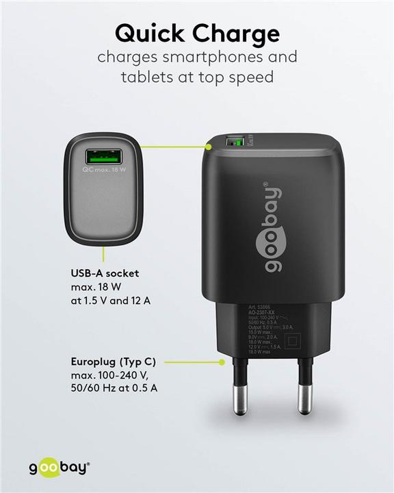 Image du produit Goobay Chargeur rapide USB-A QC 3.0 (18 W, 1 portion)