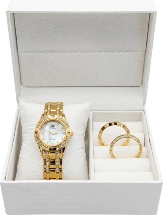 Immagine prodotto Primex Damenuhr, Swiss Made – vergoldetes Metallarmband – Perlmuttzifferblatt – 3 austauschbare Lünetten (Fatto in Svizzera, Orologio da polso analogico, 30 mm)