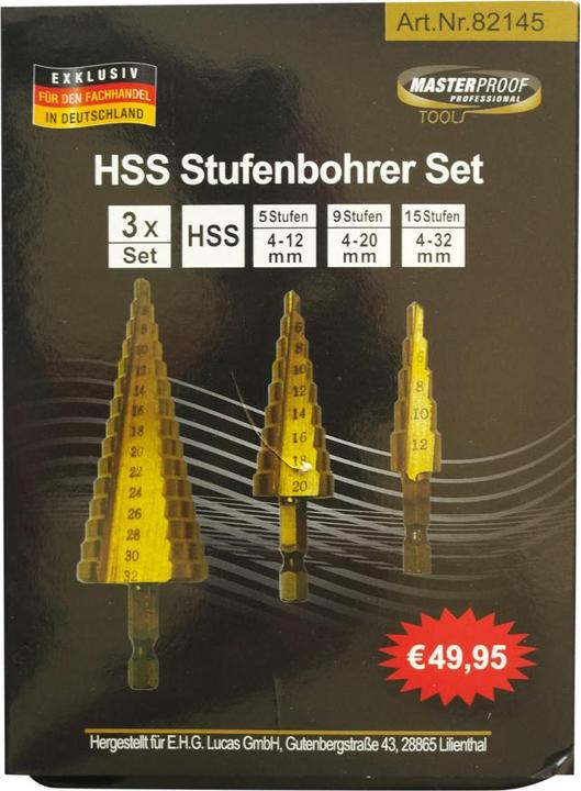 Actual product image Masterproof Step drill set 3 pieces, in metal box (10, 12, 14, 16, 18, 20 mm, 4, 6, 8)
