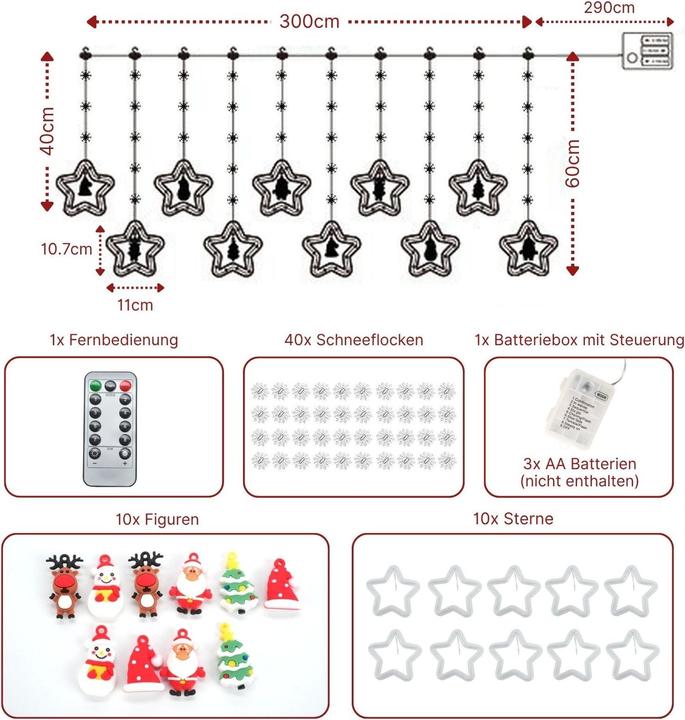 Produktbild Hermex LED Weihnachtslichterkette 3m Sternen-Lichtervorhang mit Schneeflocken (3 m)