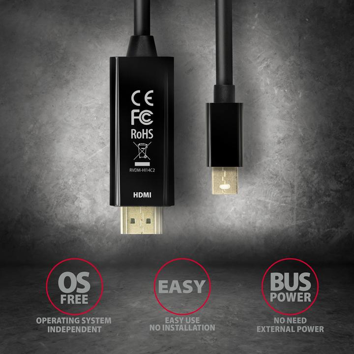 Actual product image Axagon RVDM-HI14C2 Mini DisplayPort to HDMI adapter cable, 4K/30 Hz, 180 cm long (1.80 m)