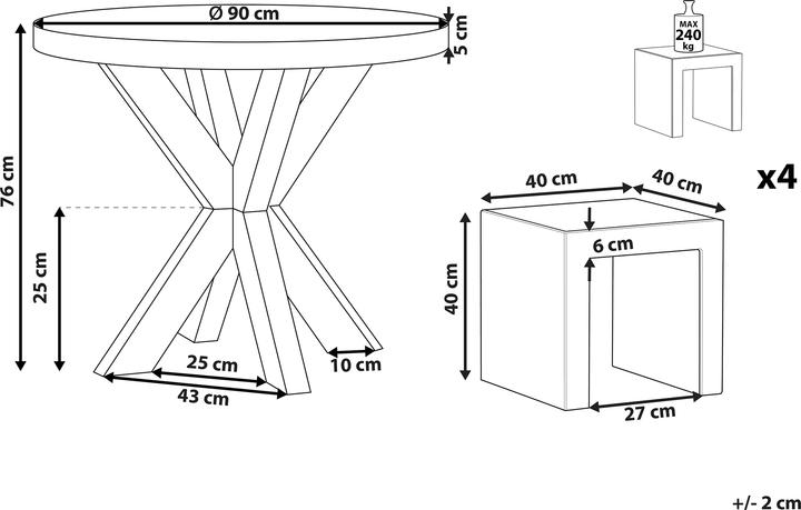 Produktbild Beliani Gartenmöbel Set Faserzement grau 4-Sitzer Tisch ⌀ 90 cm OLBIA/TARANTO (90 x 76 cm)