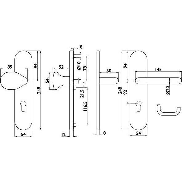 Thumbnail - Universal Textiles, Türgriff + Fenstergriff, Edelstahl Schutzbeschlag rund 92mm, ES1, WG U-Form (Türgarnitur)