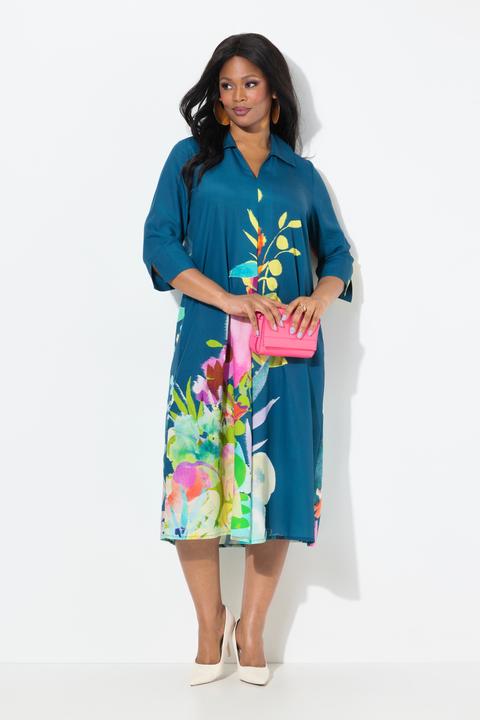 Immagine prodotto Ulla Popken Abito midi dal taglio svasato con fiori, colletto da camicia e maniche a 3/4 (58)
