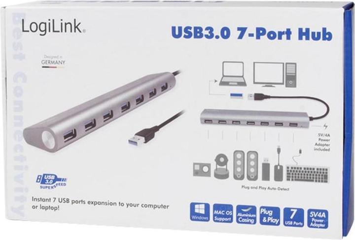 Actual product image LogiLink UA0308 - USB 3.0 hub, 7 port with card reader, aluminium casing, pilkas (USB-A, 7 ports)