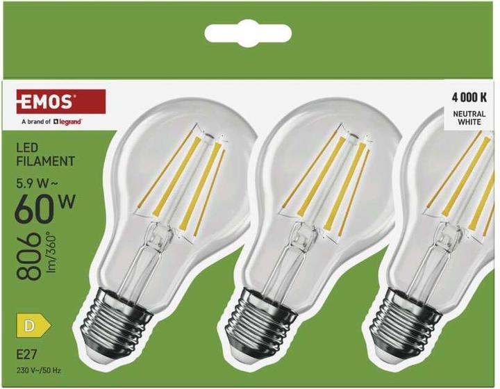 Image du produit Emos LED FLM A60 5,9W(60W) 806lm E27 NW 3PC (E27, 806 lm, 3x)
