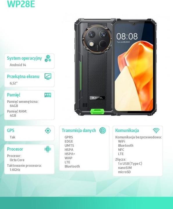 Actual product image Oukitel WP28E 4/64 10600mAh DS Smartphone. Grün ohne Ladegerät (64 GB, Black, Green, 6.54", 4G)