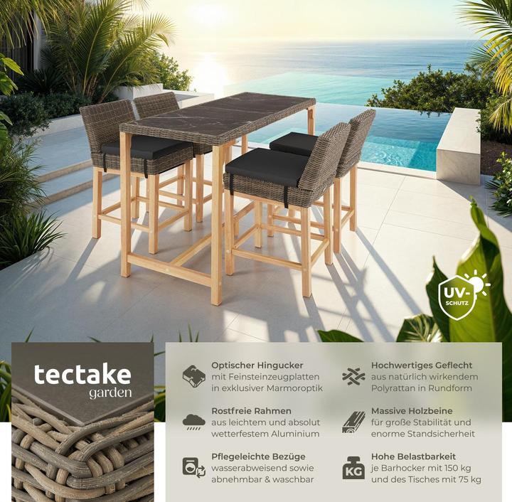 Produktbild tectake Rattan Bartisch Lovas mit 4 Stühlen Latina (161 x 64.50 x 99.50 cm)