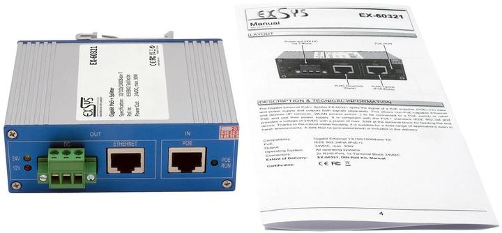 Actual product image Exsys Ethernt PoE++ Splitter 10/100/1000M 802.3bt,24VDC/2A/48W (PoE Splitter)