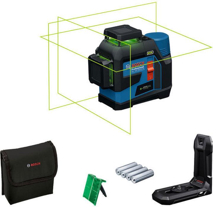 Universal holder LB 10 Professional, 4 x 1.5 V LR6 battery (AA), AA1 alkaline battery adapter (1 608 M00 C1B), laser target, bag