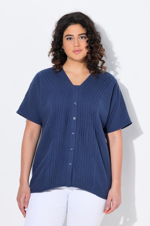 Produktbild Ulla Popken Musselin-Bluse, Oversized, Biesen, V-Ausschnitt, Halbarm (58)