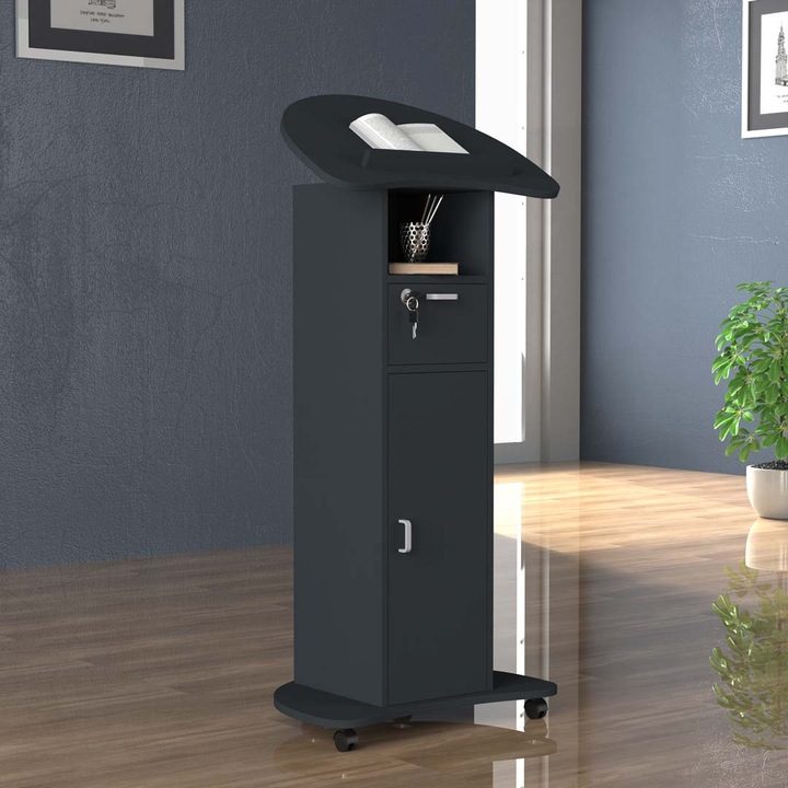 Productafbeelding VCM Houten Staand Bureau Lessenaar Mobiele Staande Tafel Rolbare Wielen Lade Redola Deur (56 x 37 x 110 cm)