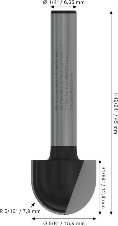Produktbild Bosch Professional Zubehör Hohlkehlfräser, 1/4-Zoll, R1 8 mm, D 15,9 mm, L 12,3 mm, G 45 mm