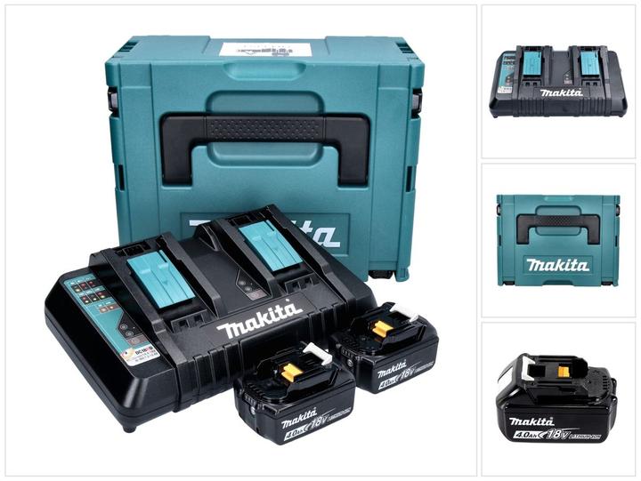 1x Makita DC 18 RD double quick charger 14.4 V - 18 V LXT ( 196933-6 ), 2x Makita BL 1840 B 18 V 4.0 Ah battery ( 2x 197265-4 ), 1x Makita Makpac case, 1x matching insert