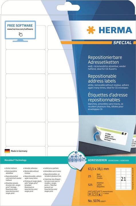 Produktbild HERMA Ablösbare Adressetiketten A4