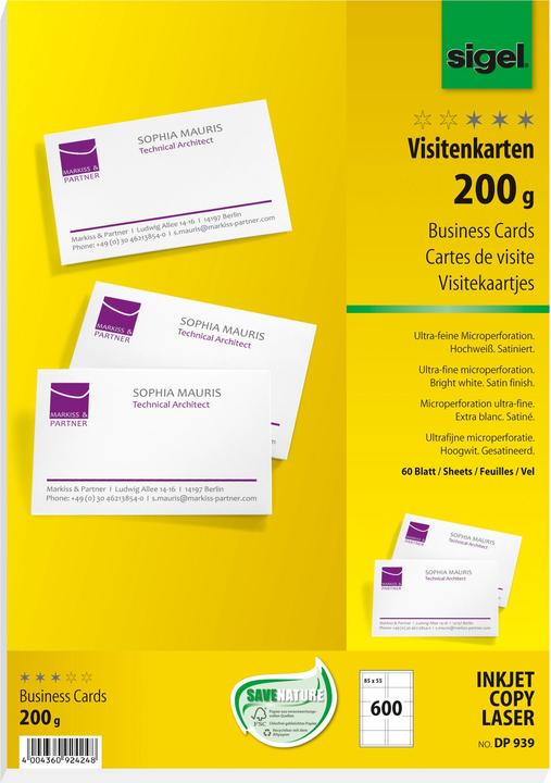 Immagine prodotto Sigel Biglietti da visita MP (A4, 600 lamelle, 200 g/m²)