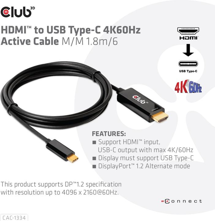 Produktbild Club 3D HDMI (Typ A) — USB Typ C (1.80 m, HDMI, USB Typ C, 2.0)