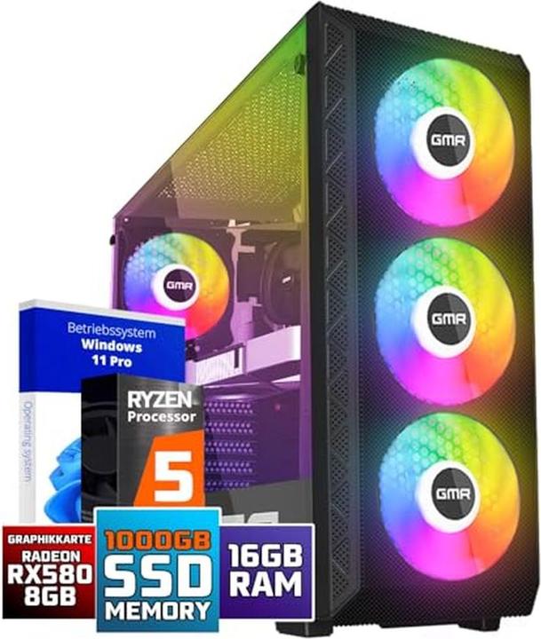 GMR Power Gaming PC with Ryzen 5, 16GB RAM, 1TB SSD, RX 580, Windows 11 Pro, WiFi and Bluetooth (AMD Ryzen 5 2600X, 16 GB, 1000 GB, Radeon RX 580X)