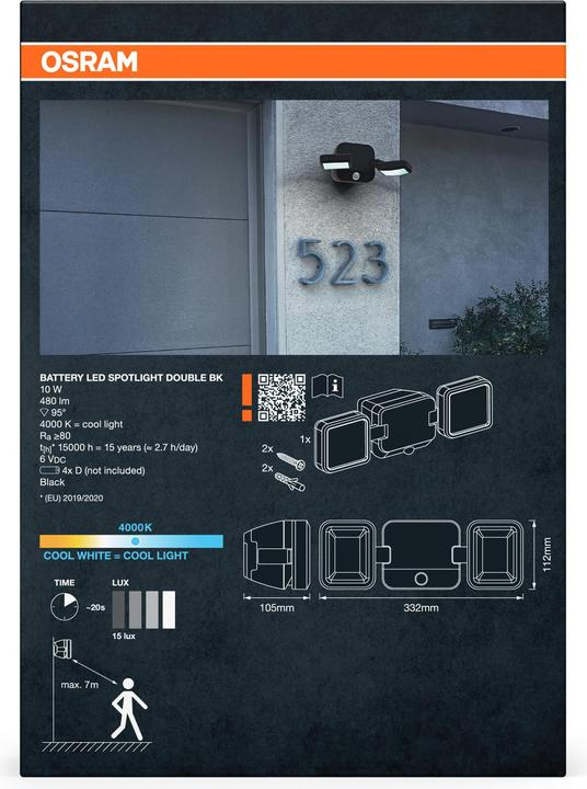 Actual product image Osram Battery LED Spotlight Double 10W 4000K IP54 Black (480 lm, IP54)