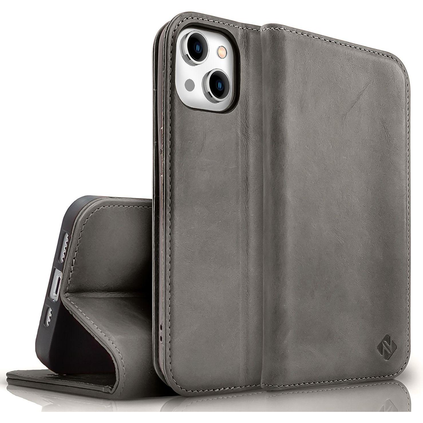 Nalia Echt Leder Flip Case Hülle mit Magnetverschluss (Apple iPhone 15 Plus), Smartphone Hülle, Grau