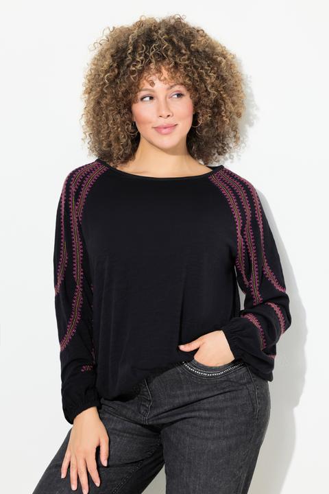 Image du produit Ulla Popken T-shirt à col rond et manches longues, broderie et base élastique (50, 52)