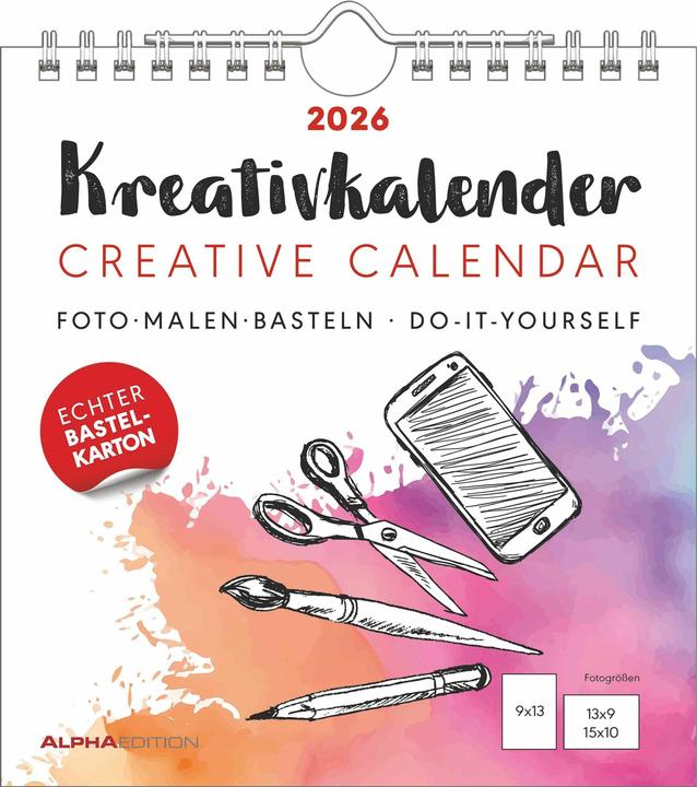 Alpha Edition Kreativ-Kalender weiss 2026 - 16x17 cm - Foto, Malen, Basteln - datiert - Kreativkalender -