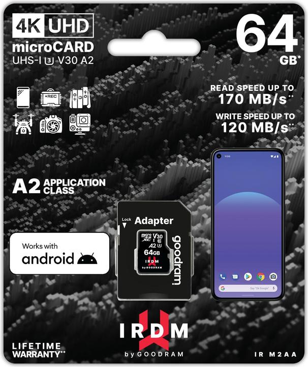 Actual product image Goodram IRDM microSDXC 64GB V30 UHS-I U3 + adapter (64 GB, microSDXC, U3, UHS-I)