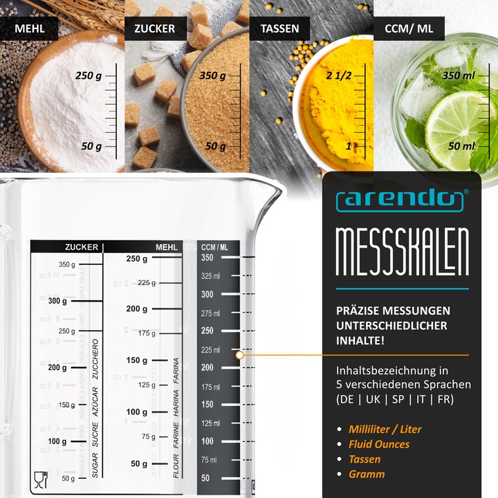 Actual product image Arendo Measuring jug 350 ML made of glass, 0.35 litre, airtight, bamboo lid, silicone seal for flour (350 ml)