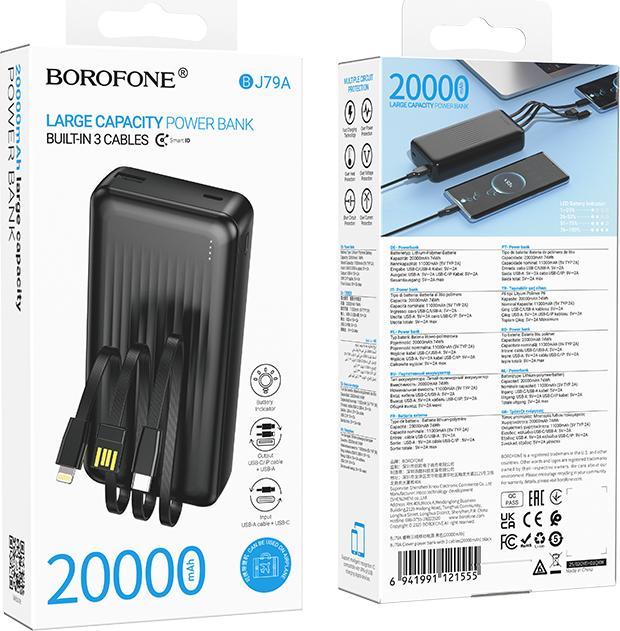 Immagine prodotto Borofone Powerbank 20000mAh BJ79A Clever - USB - mit Typ-C- und Lightning-Kabeln, schwarz (20000 mAh, 74 Wh)