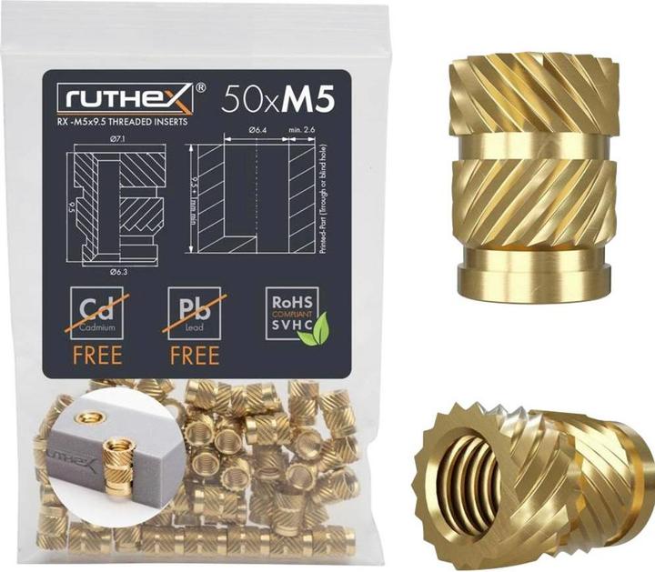 Ruthex M5 Gewindeeinsatz - 50 Stück RX-M5x9.5 Gewindebuchsen aus Messing