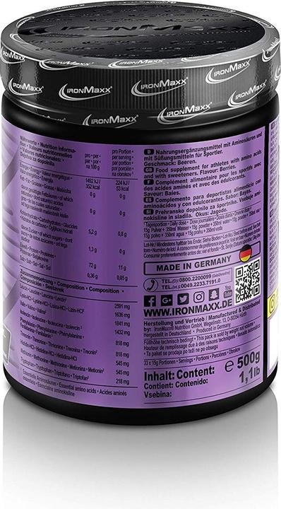Nährwerte und Zutaten IronMaxx 100% EAAs Zero (Wild Berries, 1 x, 500 g)