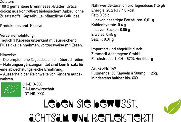 Produktbild Zimmerli Adaptogene Brennnessel Kapseln (BIO) 50 Kapseln (1 Stück, Kapseln, 25 g)