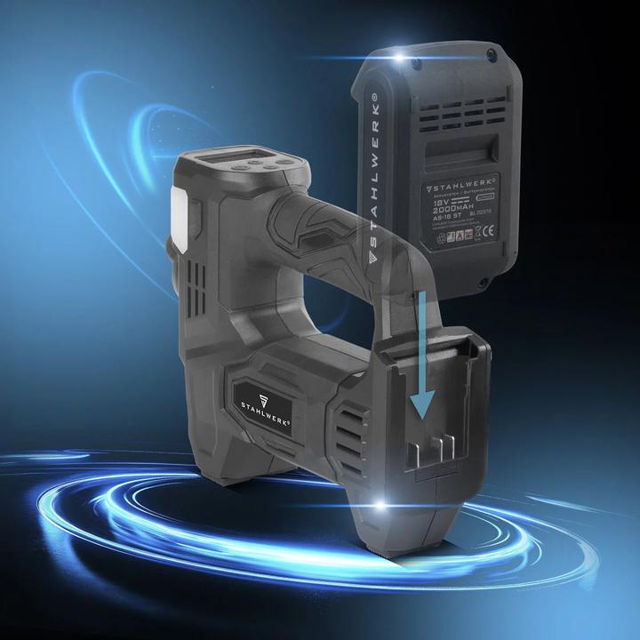 Produktbild Stahlwerk Akku Druckluftkompressor – 72 Watt Leistung und 2000 mAh Akku (10.30 Bar)