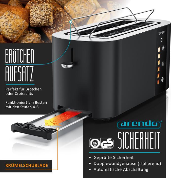 Actual product image Arendo Toaster Edelstahl 4 Scheiben Langschlitz, Restzeit & Bräunungsgradanzeige, Touch Display, 1500 W