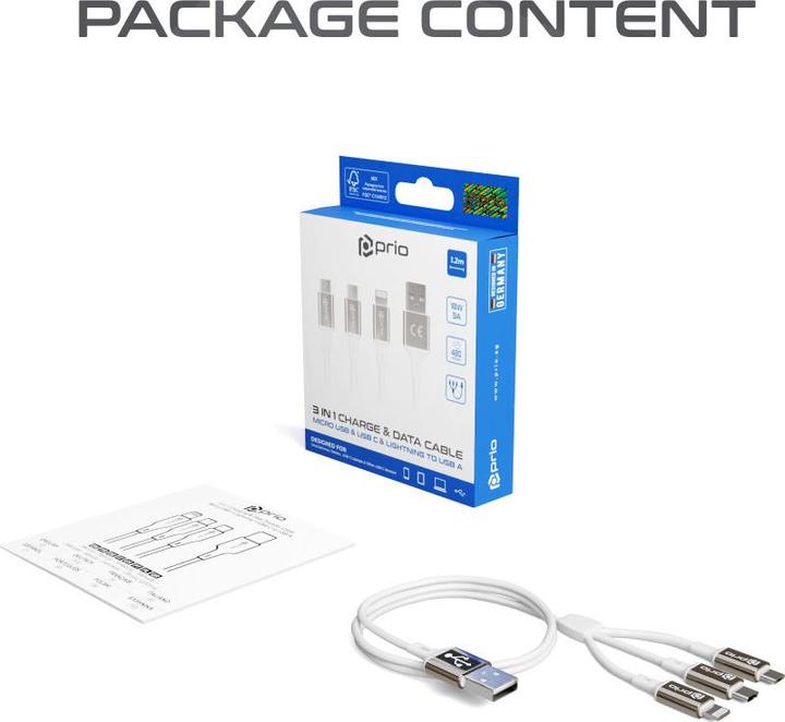 Actual product image prio 3in1 Micro USB & USB C & Lightning to USB A Cable 3A 1.2m white (1.20 m)