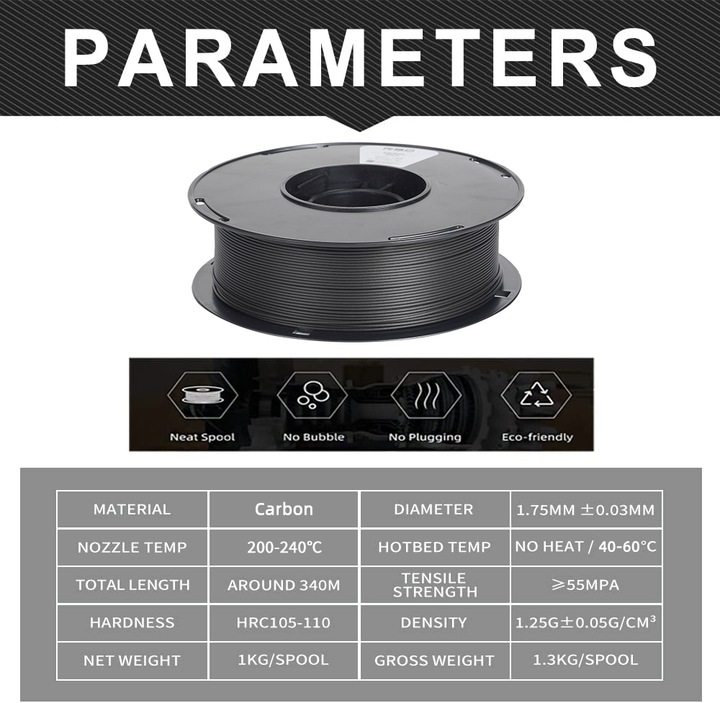 Produktbild R3D PLA Carbon Schwarz Filament 1.75mm 1Kg (PLA, 1.75 mm, 1000 g, Schwarz)