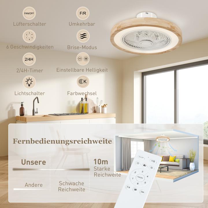 Produktbild Homcom Deckenventilator mit Beleuchtung Eichenholz Naturholz (50 dB)