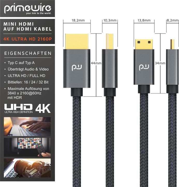 Image du produit Primewire Câble mini HDMI vers HDMI, Type C vers Type A, câble adaptateur miniHDMI 4K 3840 x 2160 @ 60 Hz (5 m, HDMI)