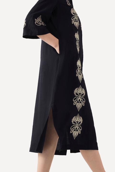Produktbild Ulla Popken Leinen-Maxikleid, Stickerei, Tunika-Ausschnitt, 3/4-Arm (48)