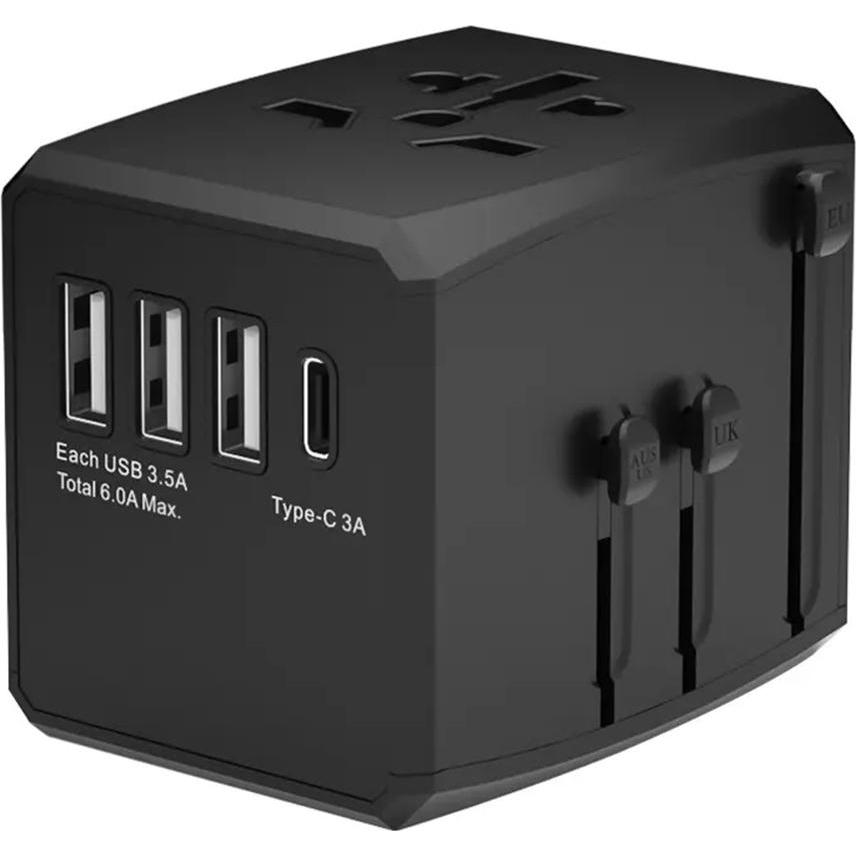 Techsuit, Adattatore da viaggio, - Travel Adapter (HHT904) - PD30W, 3 x USB, Type-C, EU, UK, AUS, US - Black